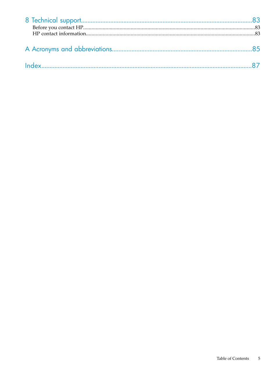 8 technical support, A acronyms and abbreviations index | HP DL785 User Manual | Page 5 / 90