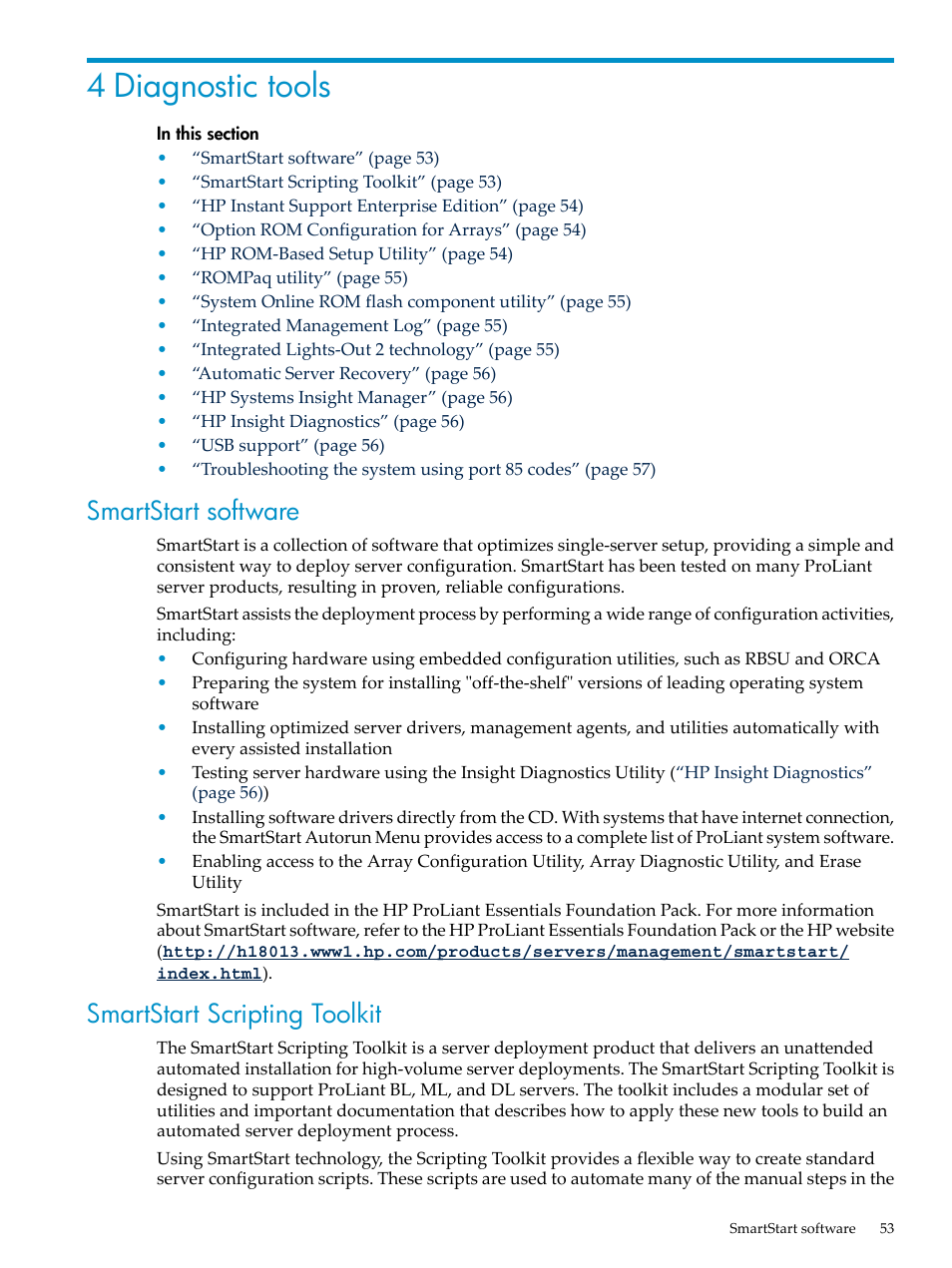 4 diagnostic tools, Smartstart software, Smartstart scripting toolkit | Smartstart software smartstart scripting toolkit | HP DL785 User Manual | Page 53 / 90