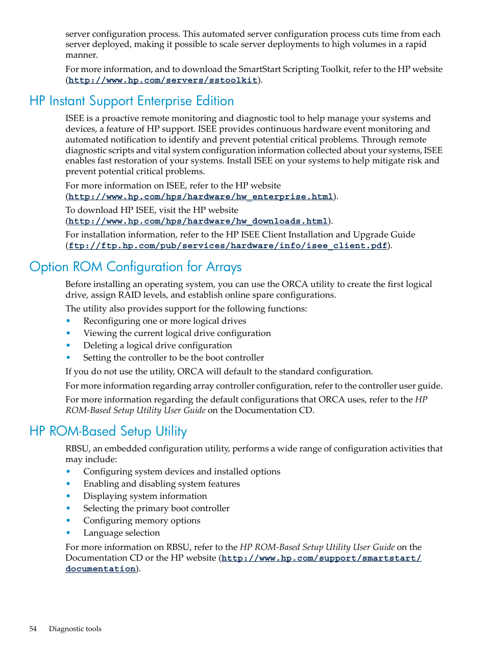 Hp instant support enterprise edition, Option rom configuration for arrays, Hp rom-based setup utility | HP DL785 User Manual | Page 54 / 90