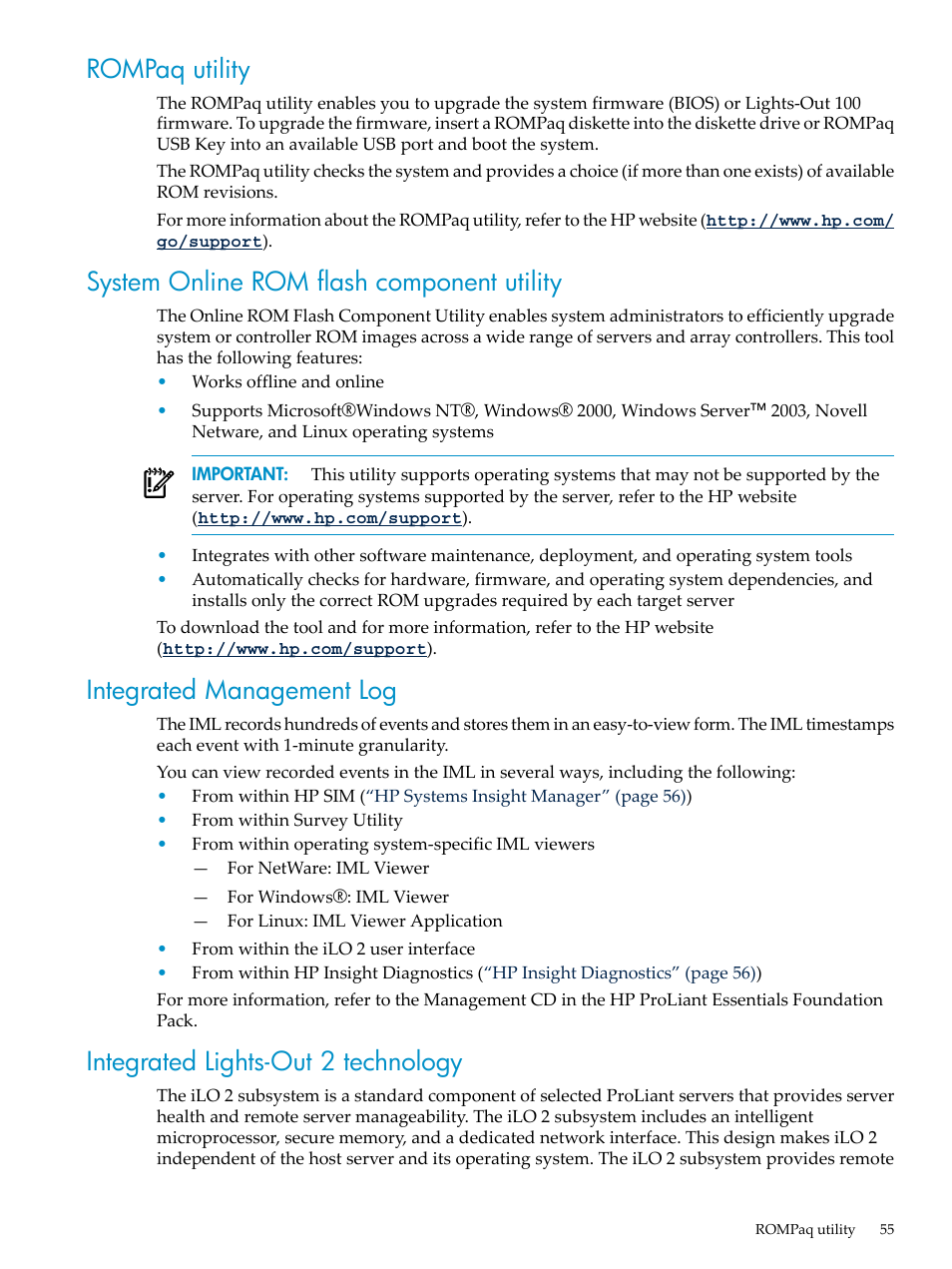 Rompaq utility, System online rom flash component utility, Integrated management log | Integrated lights-out 2 technology | HP DL785 User Manual | Page 55 / 90