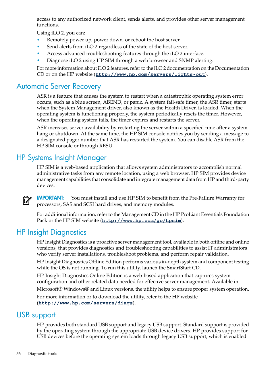 Automatic server recovery, Hp systems insight manager, Hp insight diagnostics | Usb support | HP DL785 User Manual | Page 56 / 90