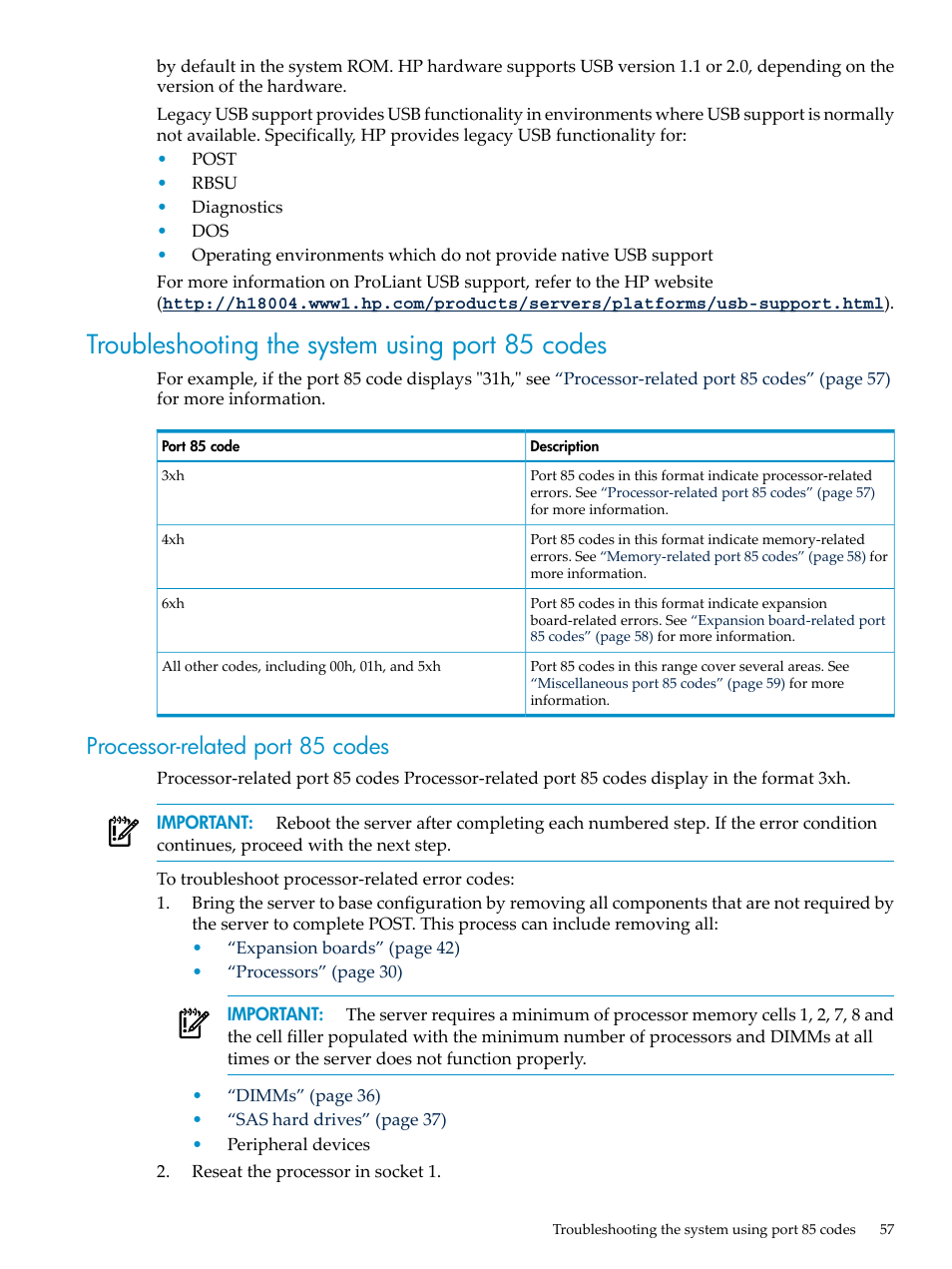 Troubleshooting the system using port 85 codes, Processor-related port 85 codes | HP DL785 User Manual | Page 57 / 90