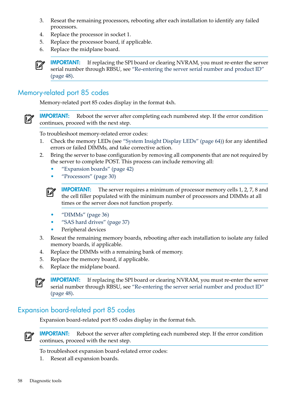 Memory-related port 85 codes, Expansion board-related port 85 codes, Expansion board-related port | HP DL785 User Manual | Page 58 / 90