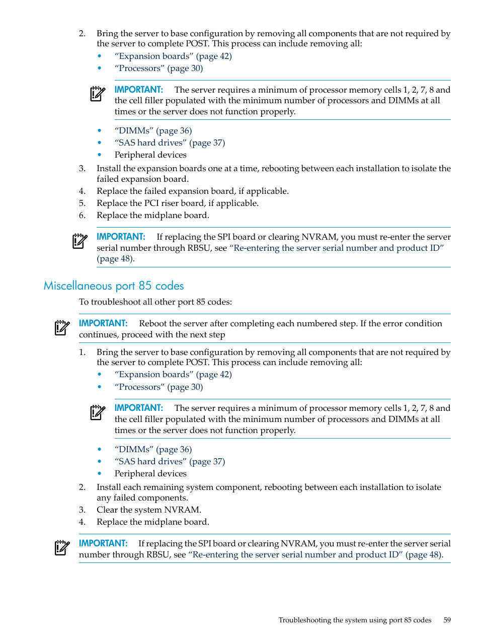Miscellaneous port 85 codes | HP DL785 User Manual | Page 59 / 90