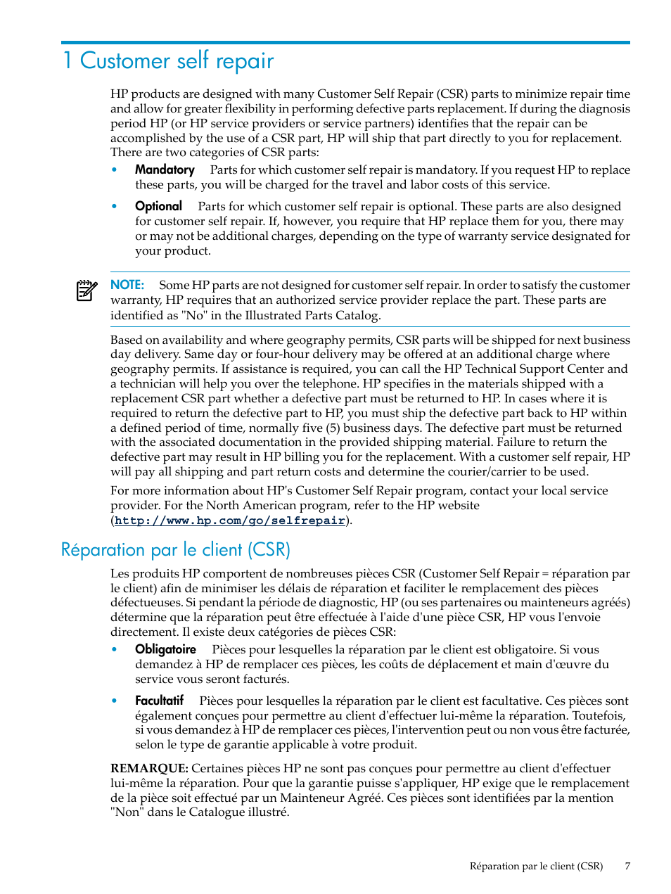 1 customer self repair, Réparation par le client (csr) | HP DL785 User Manual | Page 7 / 90