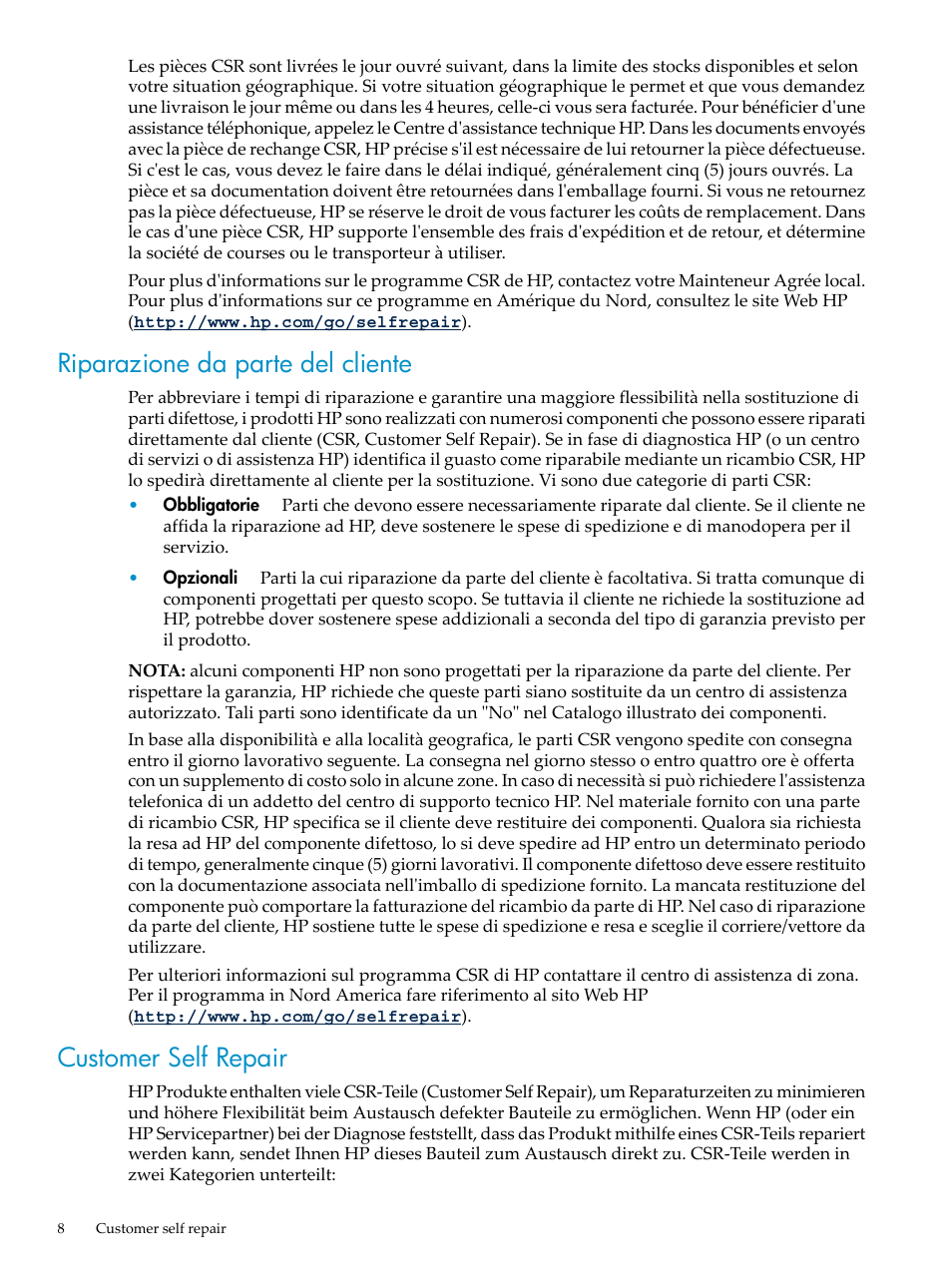 Riparazione da parte del cliente, Customer self repair | HP DL785 User Manual | Page 8 / 90