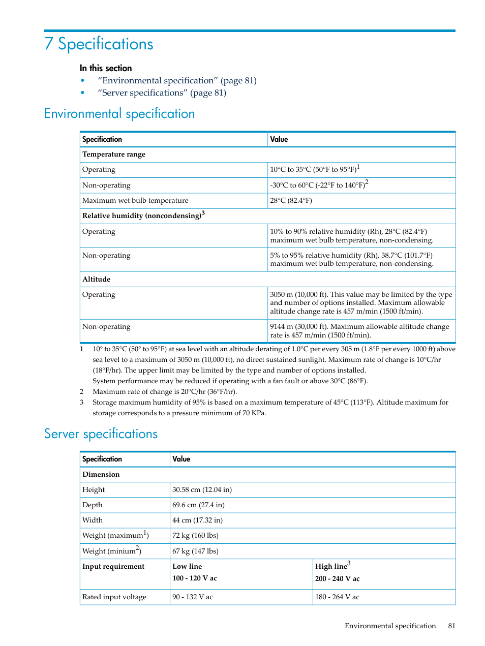 7 specifications, Environmental specification, Server specifications | Environmental specification server specifications | HP DL785 User Manual | Page 81 / 90