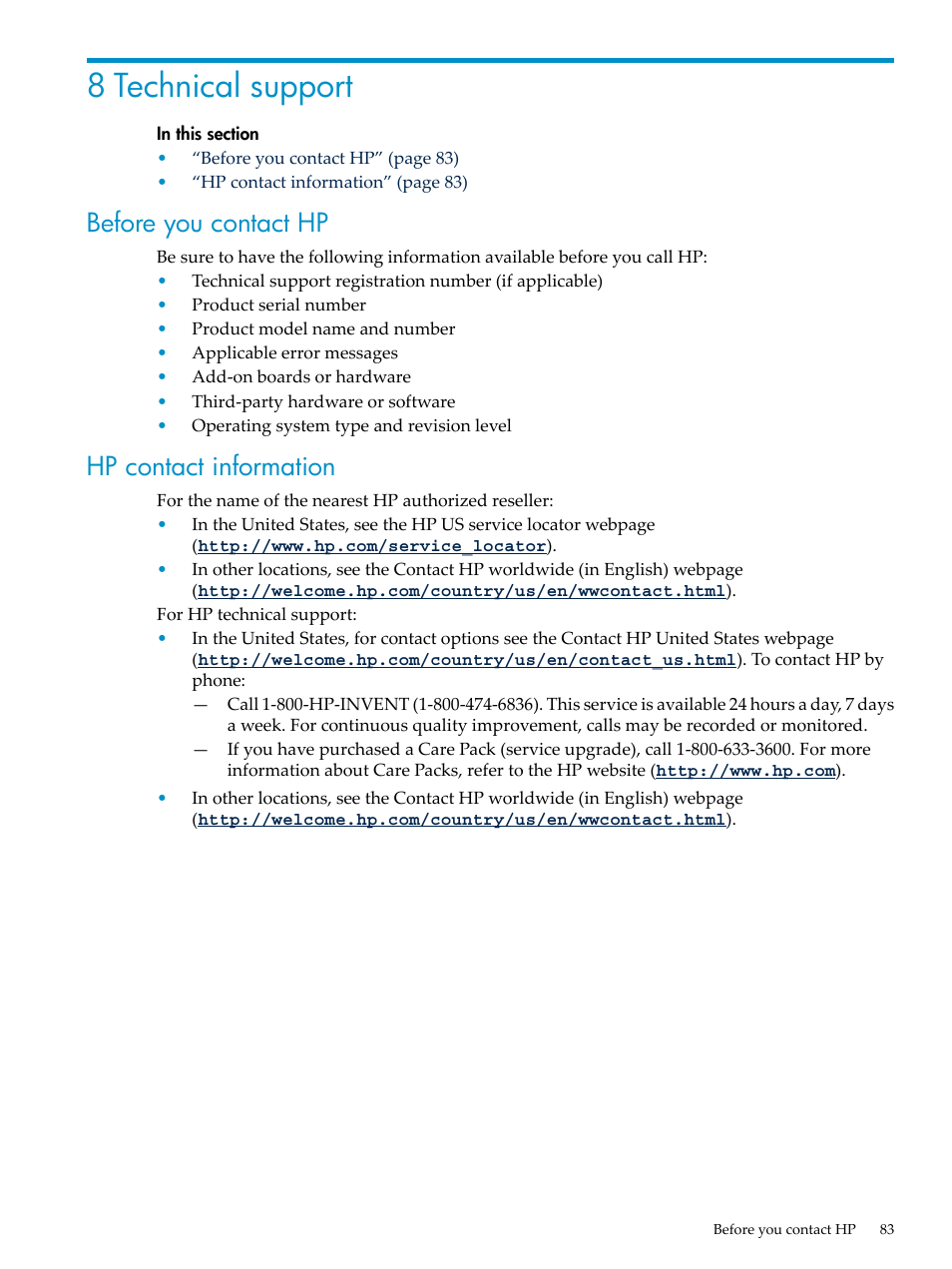 8 technical support, Before you contact hp, Hp contact information | Before you contact hp hp contact information | HP DL785 User Manual | Page 83 / 90