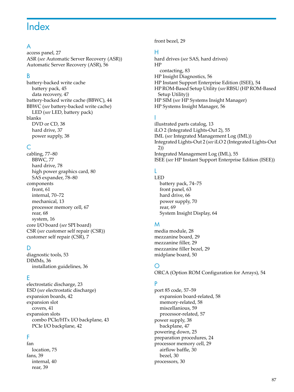 Index | HP DL785 User Manual | Page 87 / 90