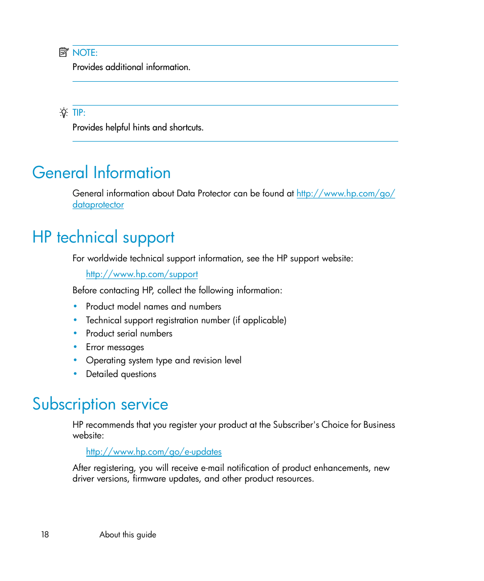 General information, Hp technical support, Subscription service | 18 hp technical support, 18 subscription service | HP A.06.10 User Manual | Page 18 / 100