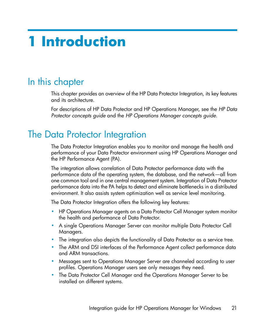 1 introduction, In this chapter, The data protector integration | 21 the data protector integration | HP A.06.10 User Manual | Page 21 / 100