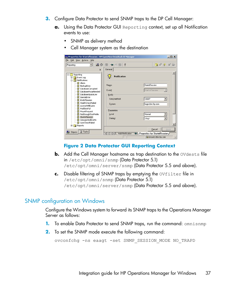 Snmp configuration on windows, Data protector gui reporting context | HP A.06.10 User Manual | Page 37 / 100