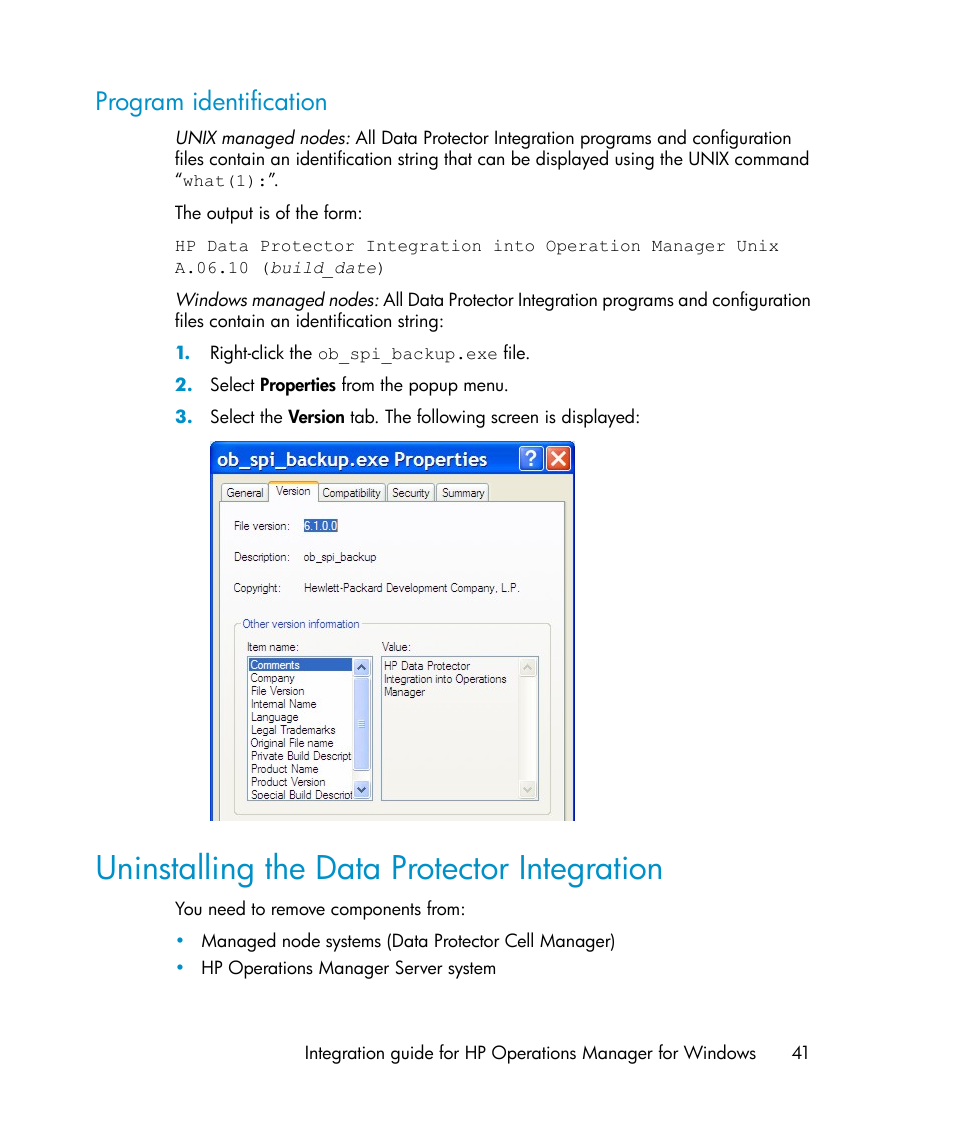 Program identification, Uninstalling the data protector integration | HP A.06.10 User Manual | Page 41 / 100