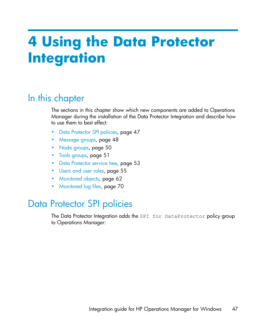 4 using the data protector integration, In this chapter, Data protector spi policies | 47 data protector spi policies | HP A.06.10 User Manual | Page 47 / 100