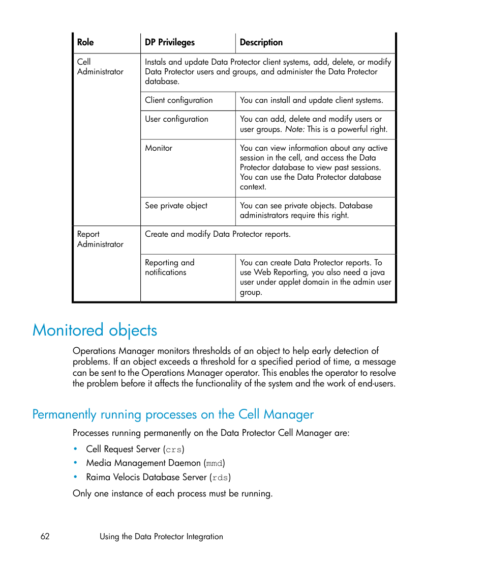 Monitored objects, Permanently running processes on the cell manager | HP A.06.10 User Manual | Page 62 / 100