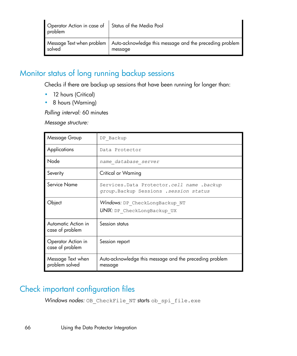Monitor status of long running backup sessions, Check important configuration files, 66 check important configuration files | HP A.06.10 User Manual | Page 66 / 100