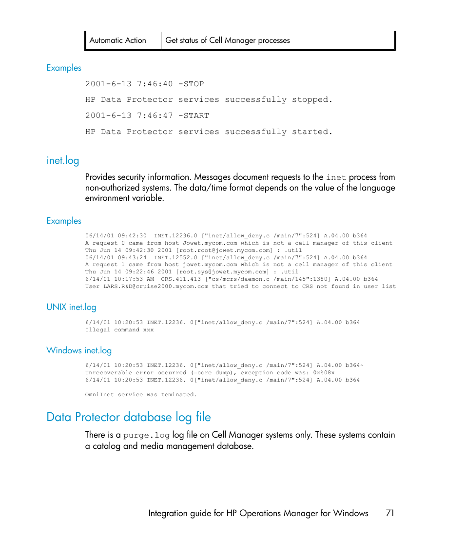 Inet.log, Unix inet.log, Windows inet.log | Data protector database log file | HP A.06.10 User Manual | Page 71 / 100