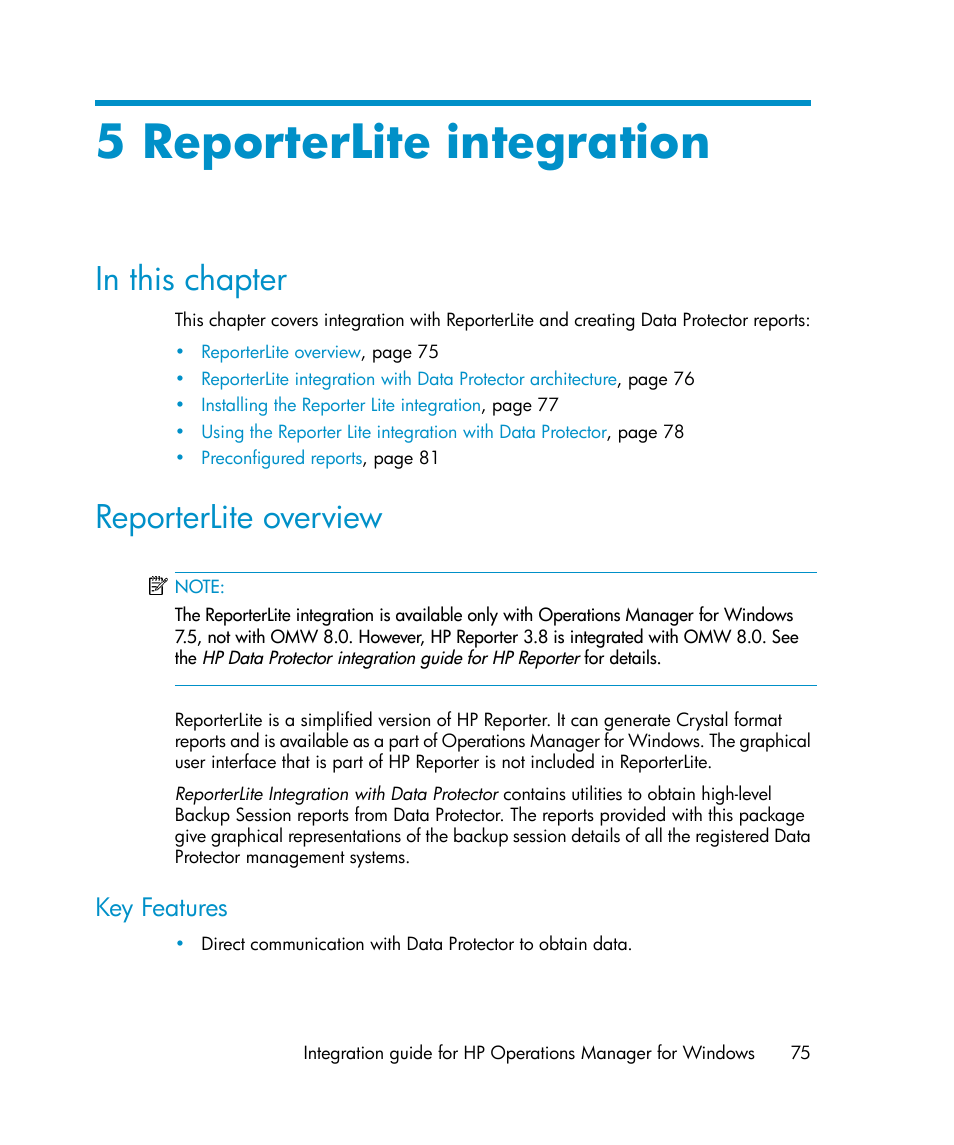 5 reporterlite integration, In this chapter, Reporterlite overview | 75 reporterlite overview, Key features | HP A.06.10 User Manual | Page 75 / 100