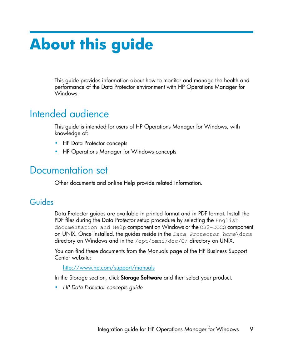 About this guide, Intended audience, Documentation set | Guides, 9 documentation set | HP A.06.10 User Manual | Page 9 / 100