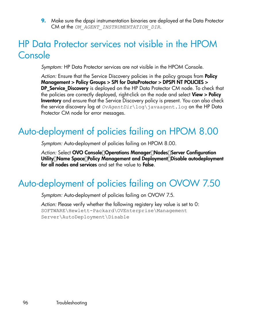 Auto-deployment of policies failing on hpom 8.00, Auto-deployment of policies failing on ovow 7.50 | HP A.06.10 User Manual | Page 96 / 100