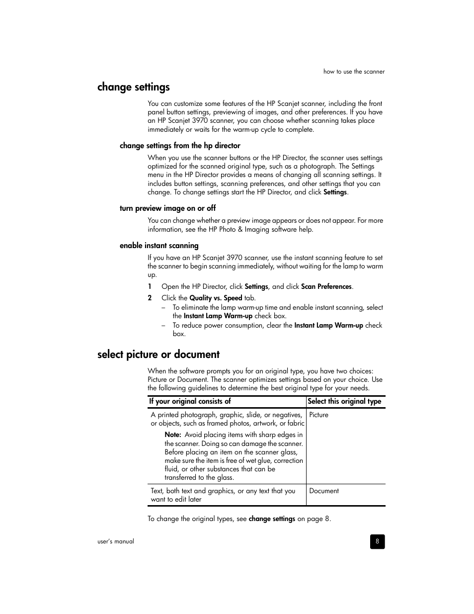 Change settings, Change settings from the hp director, Turn preview image on or off | Enable instant scanning, Select picture or document, Change settings select picture or document | HP 2400 User Manual | Page 13 / 36