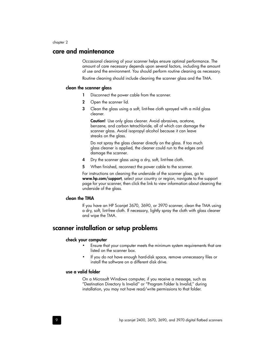 Care and maintenance, Clean the scanner glass, Clean the tma | Scanner installation or setup problems, Check your computer, Use a valid folder, Scanner installation or setup | HP 2400 User Manual | Page 14 / 36