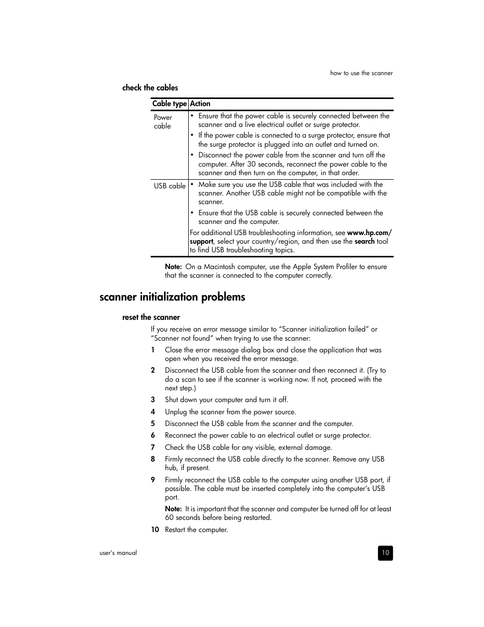 Check the cables, Scanner initialization problems, Reset the scanner | HP 2400 User Manual | Page 15 / 36