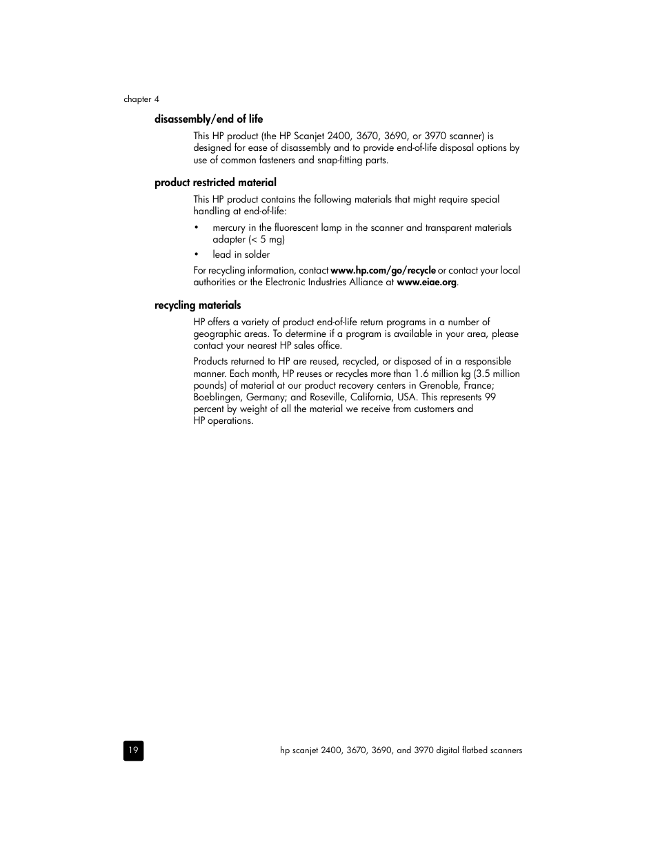 Disassembly/end of life, Product restricted material, Recycling materials | HP 2400 User Manual | Page 24 / 36