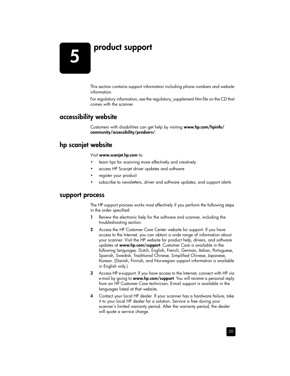 Product support, Accessibility website, Hp scanjet website | Support process | HP 2400 User Manual | Page 25 / 36