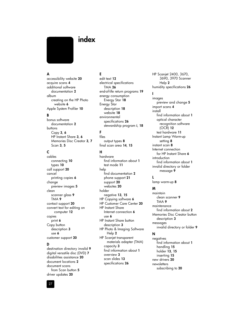 Index | HP 2400 User Manual | Page 32 / 36
