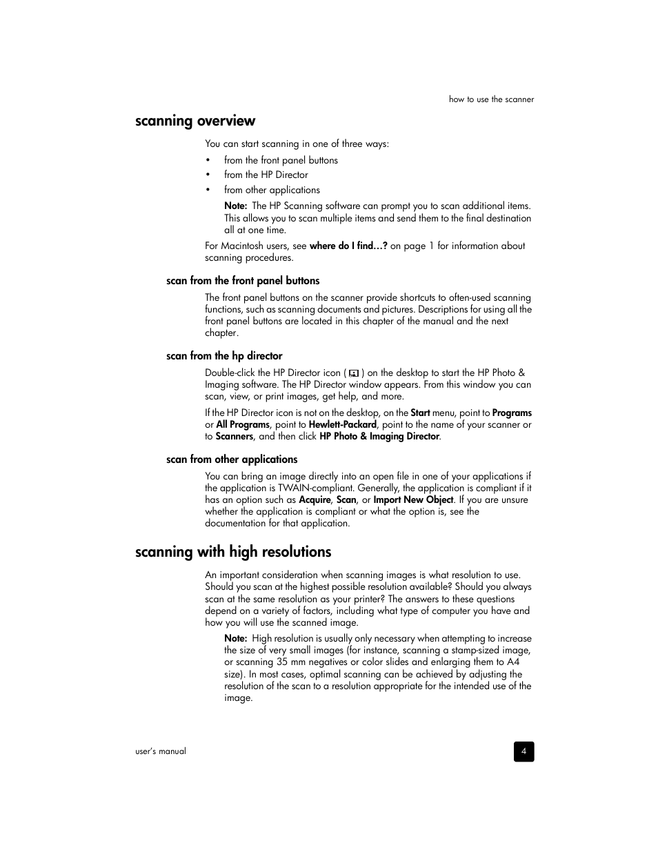 Scanning overview, Scan from the front panel buttons, Scan from the hp director | Scan from other applications, Scanning with high resolutions, Scanning overview scanning with high resolutions | HP 2400 User Manual | Page 9 / 36