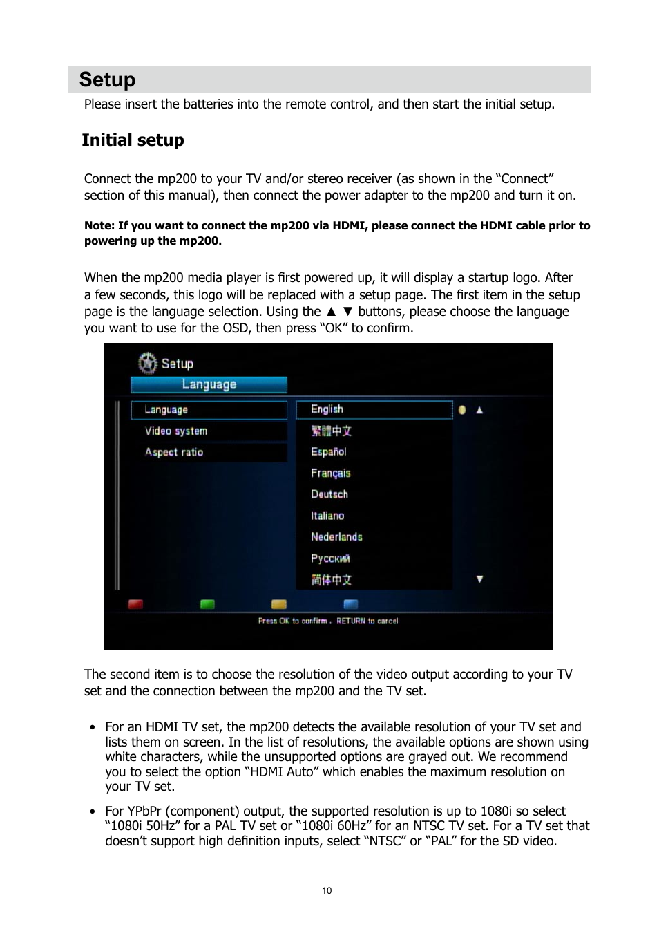 Setup, Initial setup | HP MP200 User Manual | Page 14 / 146