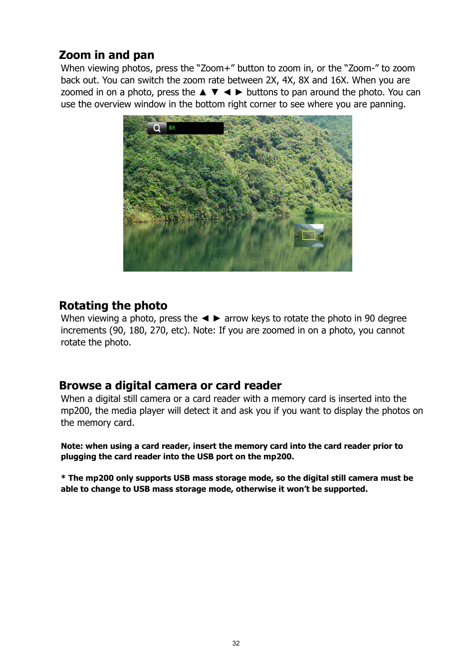 Zoom in and pan, Rotating the photo, Browse a digital camera or card reader | HP MP200 User Manual | Page 36 / 146