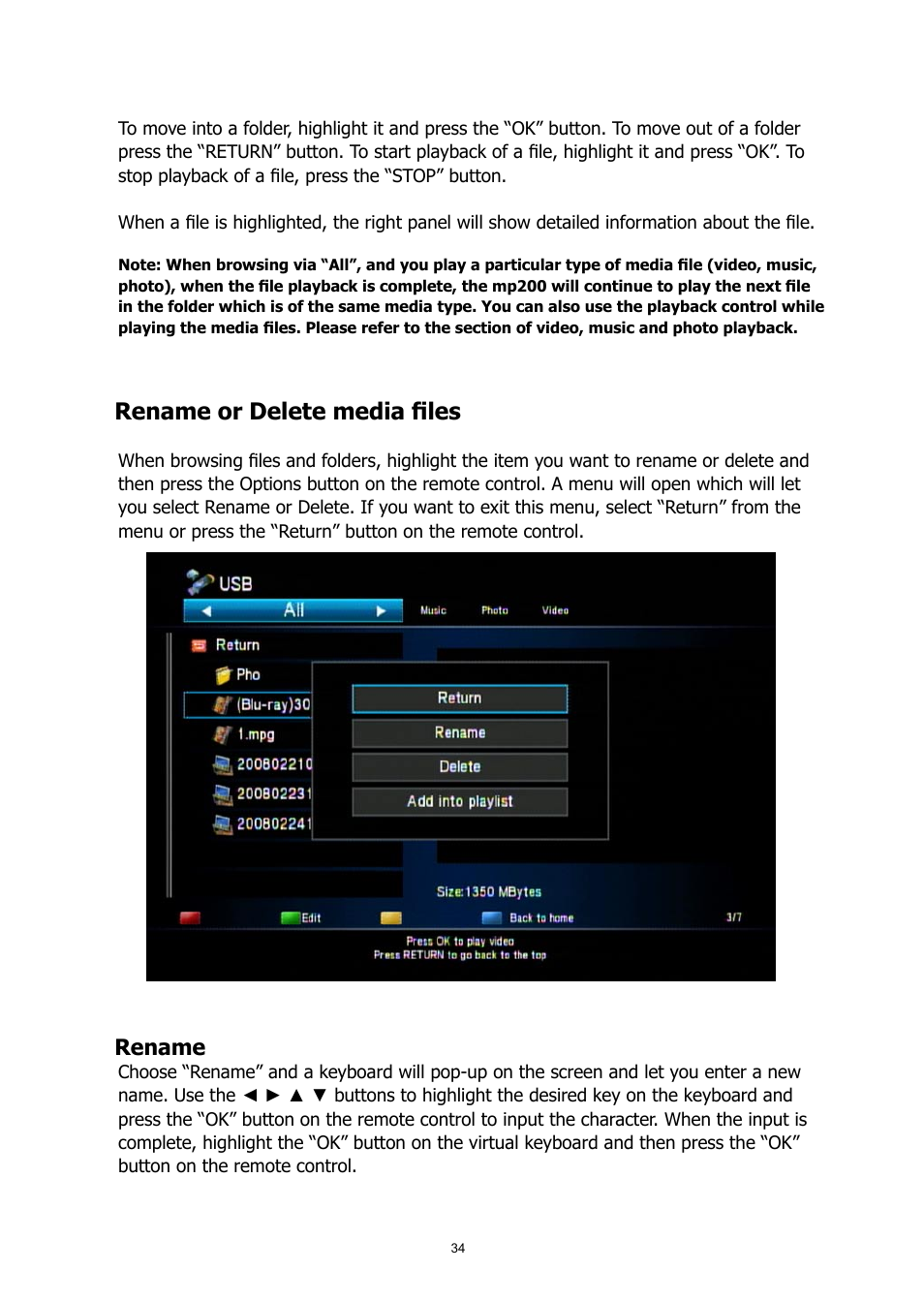 Rename or delete media files, Rename | HP MP200 User Manual | Page 38 / 146