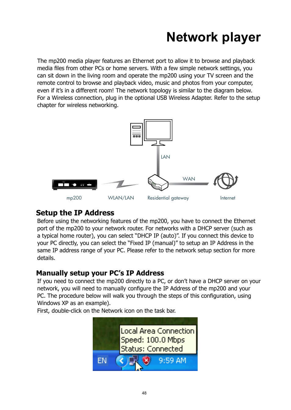 Network player, Setup the ip address, Manually setup your pc’s ip address | HP MP200 User Manual | Page 52 / 146