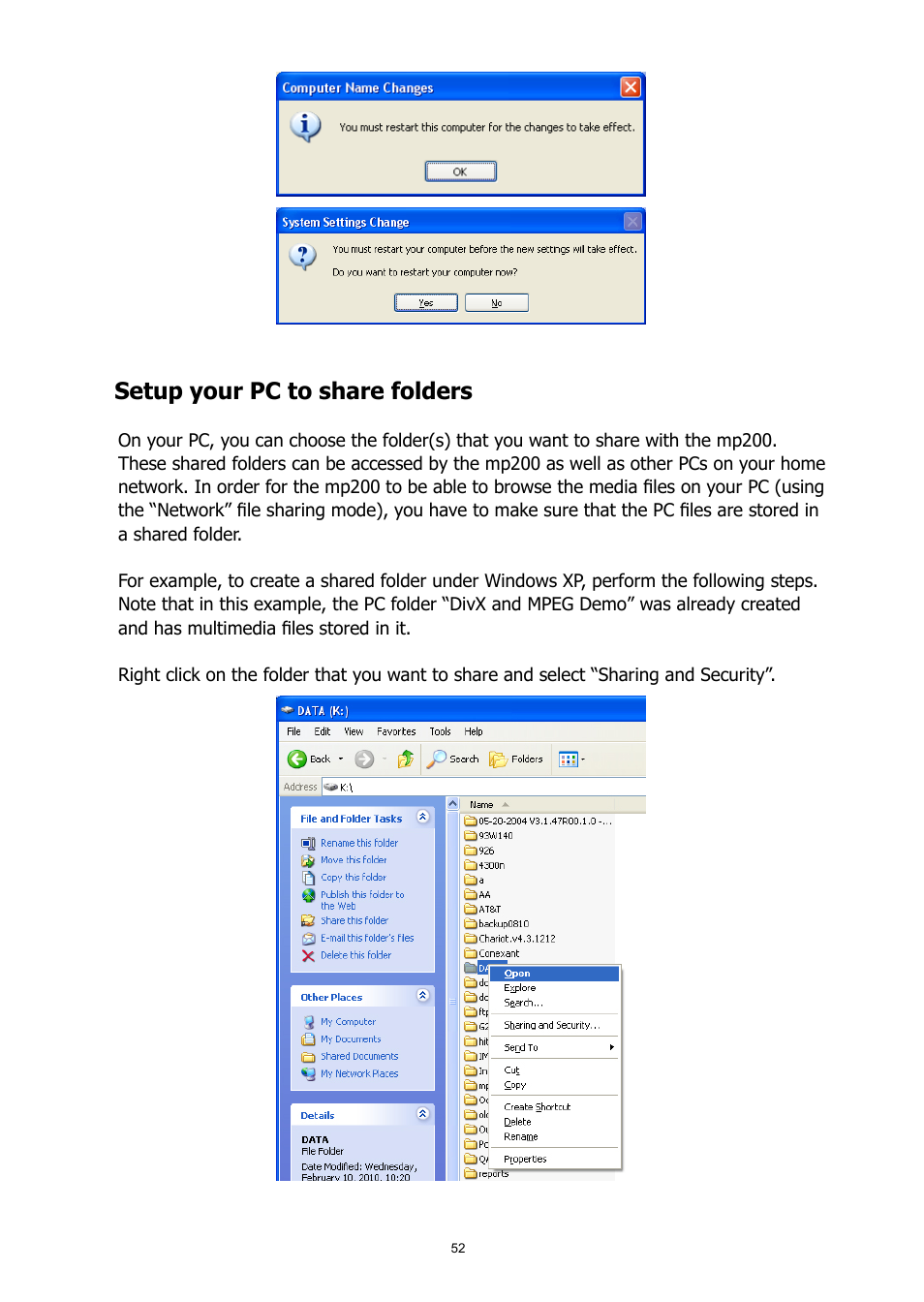 Setup your pc to share folders | HP MP200 User Manual | Page 56 / 146