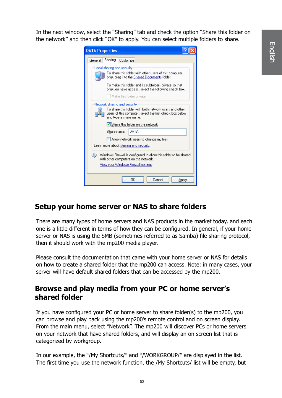 Setup your home server or nas to share folders | HP MP200 User Manual | Page 57 / 146