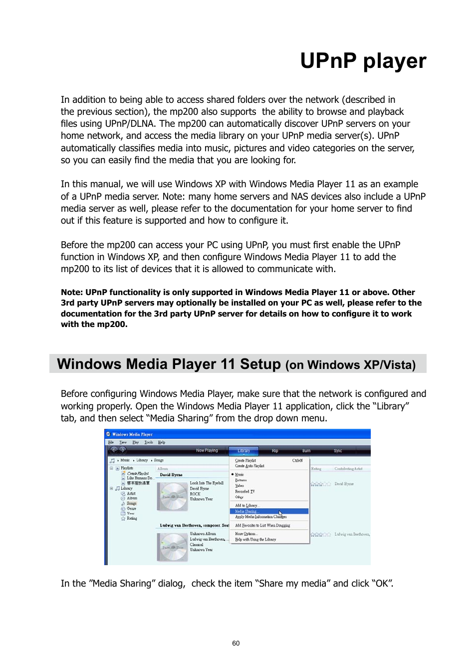 Upnp player, Windows media player 11 setup | HP MP200 User Manual | Page 64 / 146