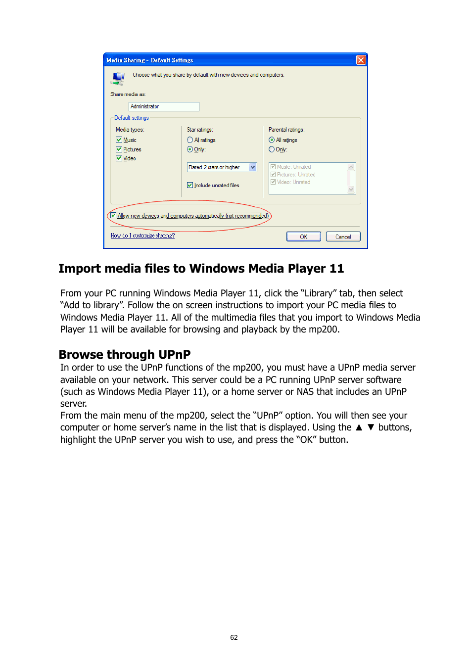 Import media files to windows media player 11, Browse through upnp | HP MP200 User Manual | Page 66 / 146