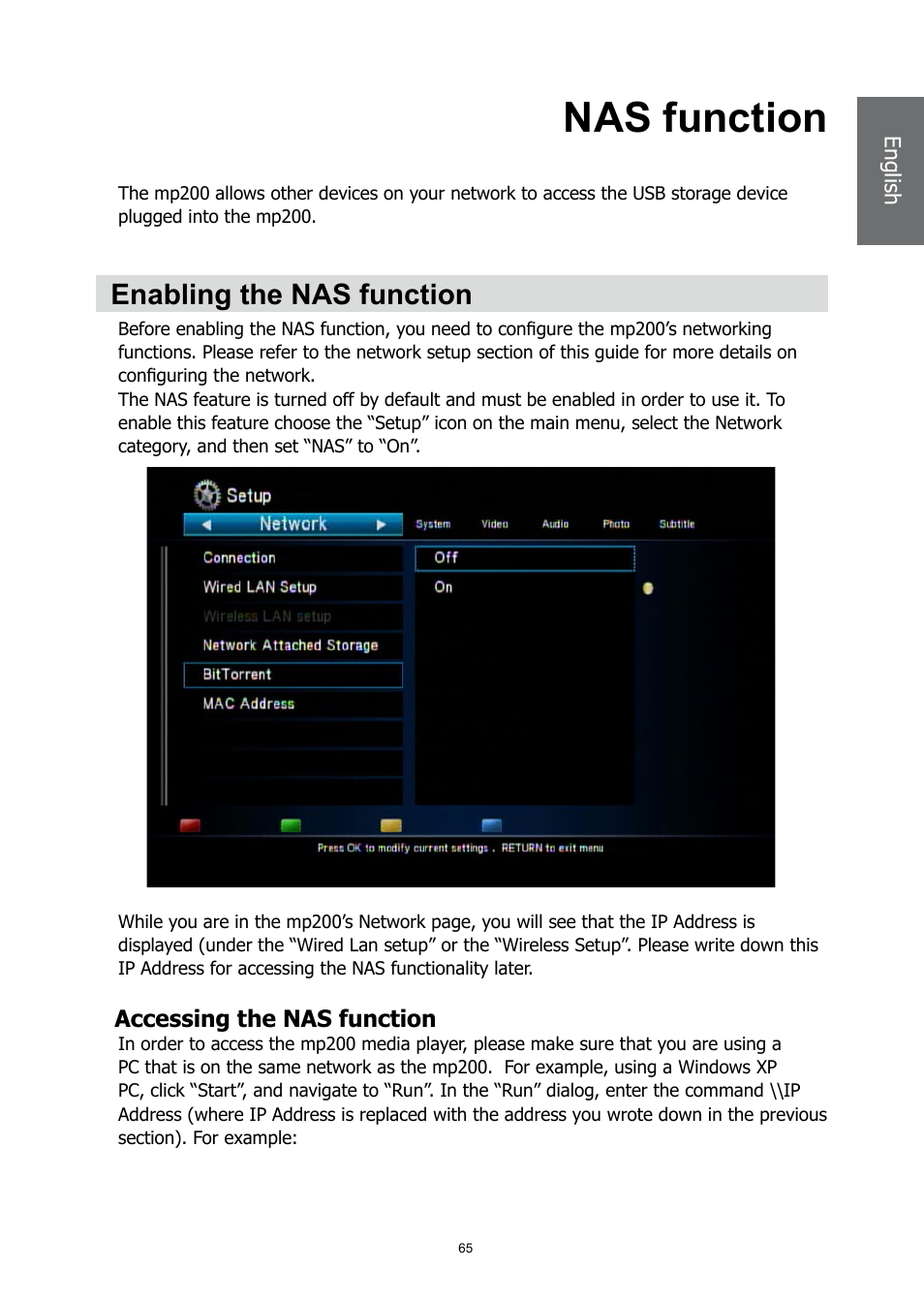 Nas function, Enabling the nas function, Accessing the nas function | HP MP200 User Manual | Page 69 / 146