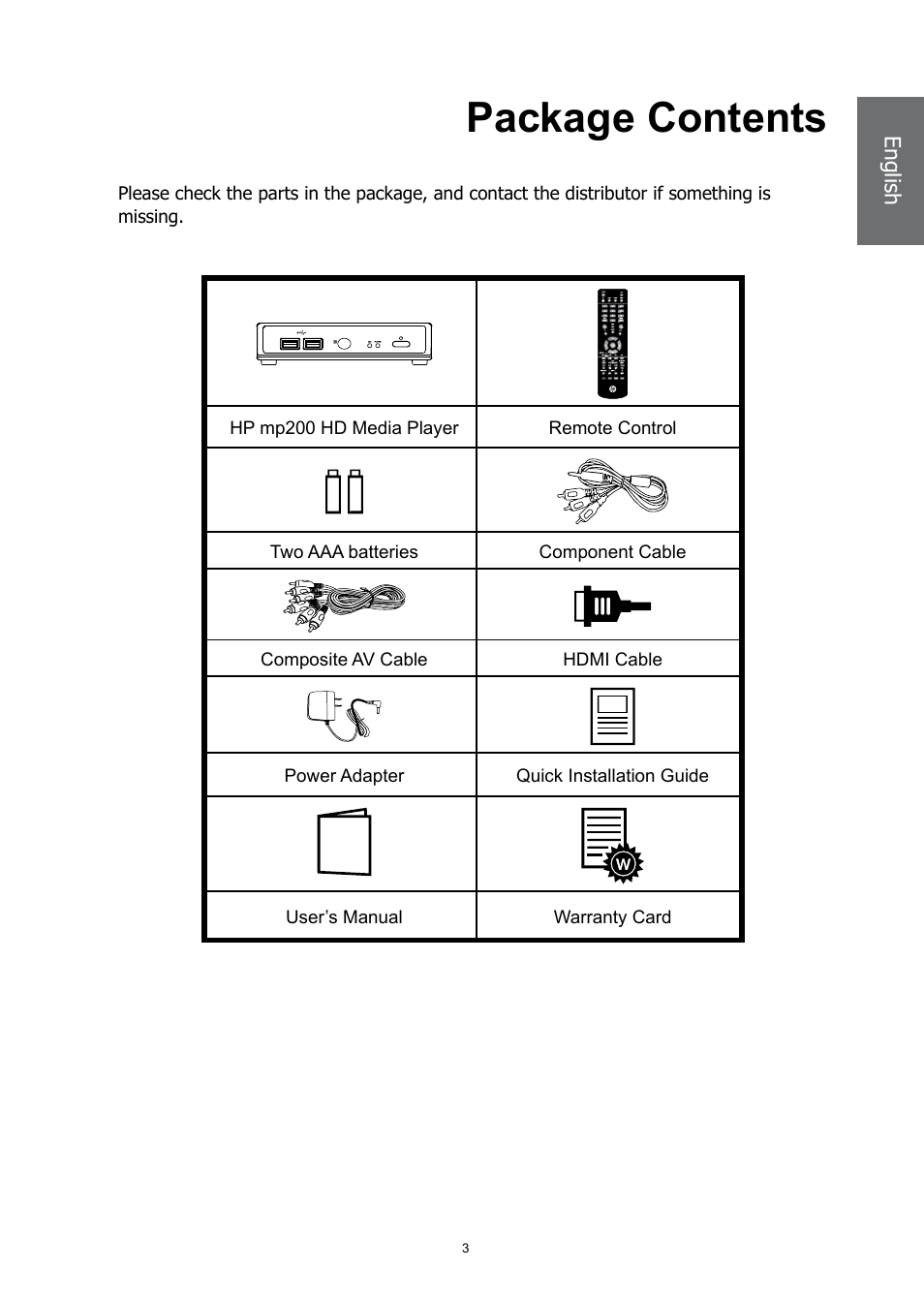 Package contents | HP MP200 User Manual | Page 7 / 146