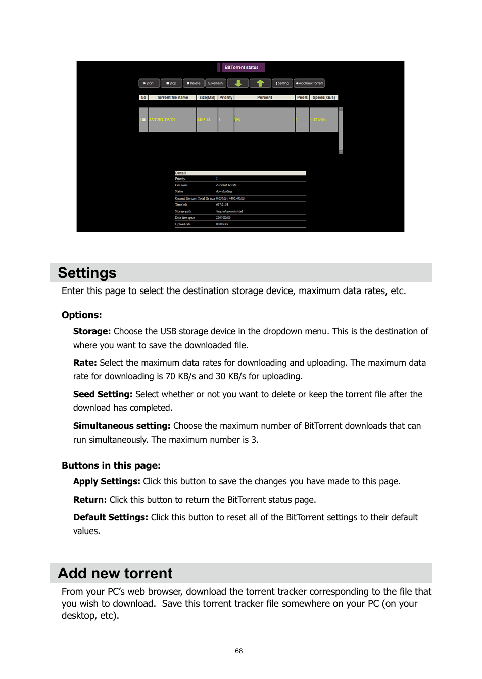 Settings add new torrent, Settings, Add new torrent | HP MP200 User Manual | Page 72 / 146