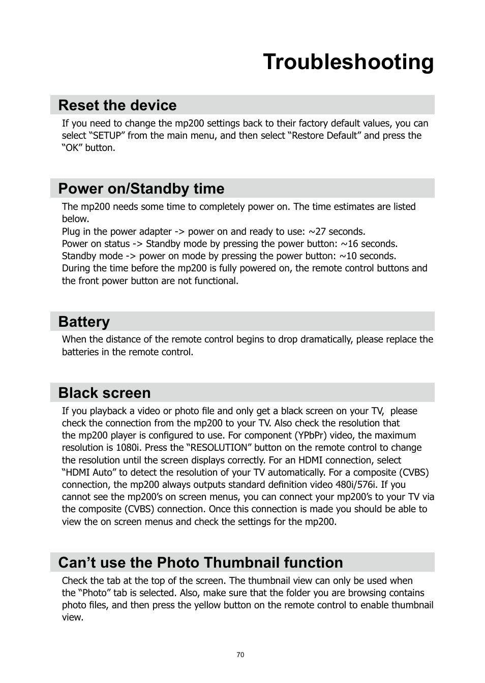 Troubleshooting, Reset the device, Power on/standby time | Battery, Black screen, Can’t use the photo thumbnail function | HP MP200 User Manual | Page 74 / 146