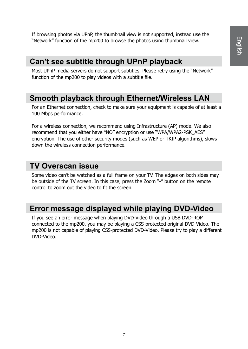 Can’t see subtitle through upnp playback, Smooth playback through ethernet/wireless lan, Tv overscan issue | Error message displayed while playing dvd-video | HP MP200 User Manual | Page 75 / 146