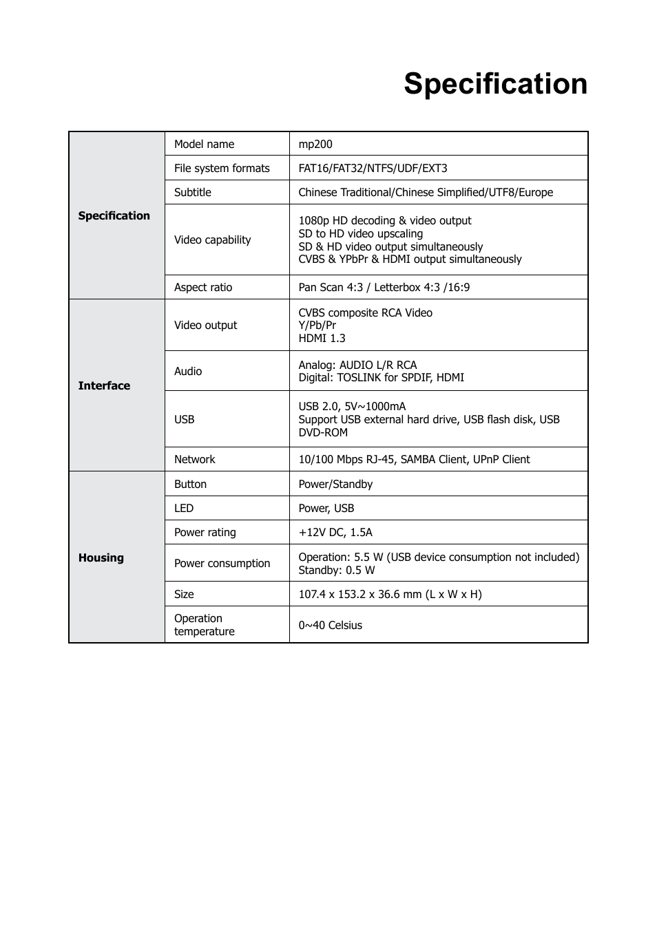Specification | HP MP200 User Manual | Page 76 / 146