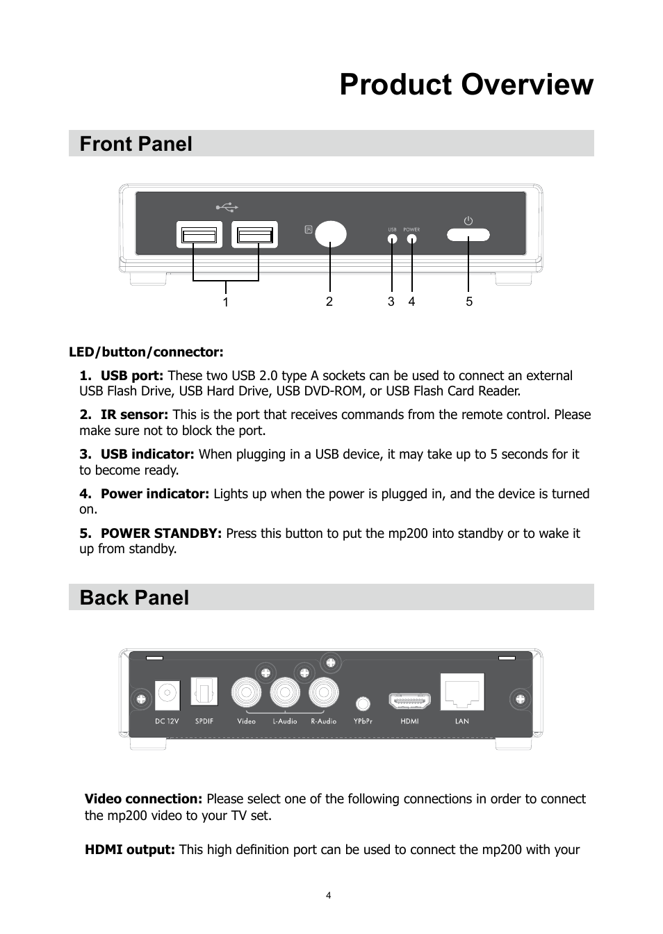 Product overview, Front panel back panel, Front panel | Back panel | HP MP200 User Manual | Page 8 / 146