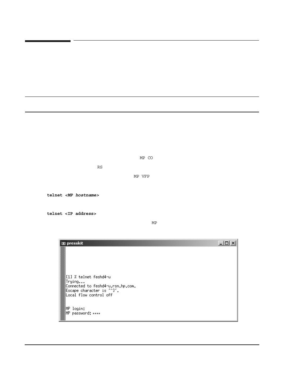 Booting and verifying the system, Connecting to the management processor, One console window for each partition | One for initializing, One for monitoring partition status, In each window, connect to the mp by entering, Telnet, Mp hostname, Telnet <ip address, Figure341 connecting to host | HP A9834-9001B User Manual | Page 123 / 247