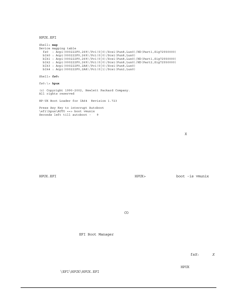 Shell, To exit the efi environment, press, Single-user mode hp-ux booting | Single-user mode hp-ux booting (efi shell), Refer to, Log in to the management processor, and enter | HP A9834-9001B User Manual | Page 149 / 247
