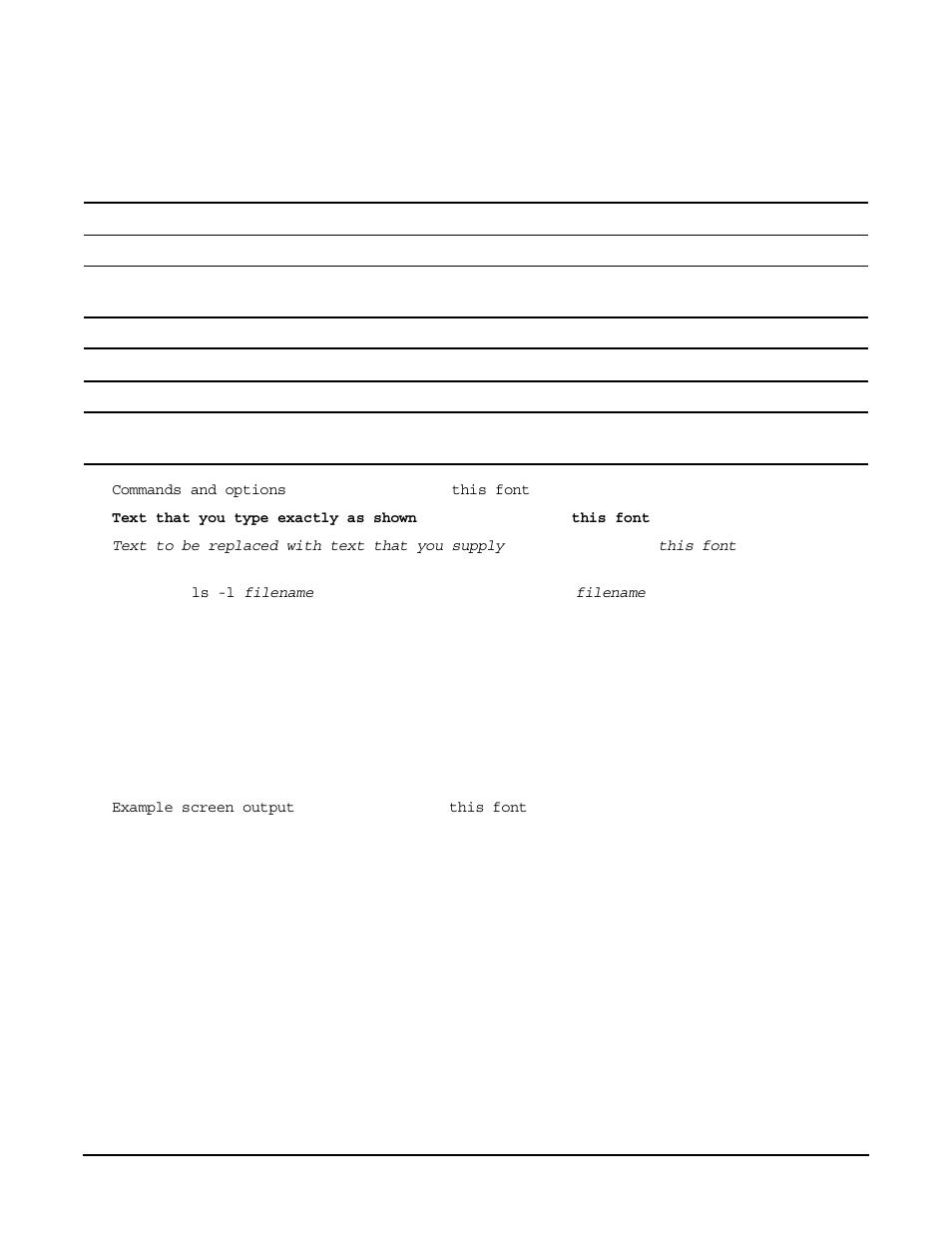 Typographic conventions, Commands and options, Text that you type exactly as shown | Text to be replaced with text that you supply, Menu —> submenu, Example screen output | HP A9834-9001B User Manual | Page 17 / 247