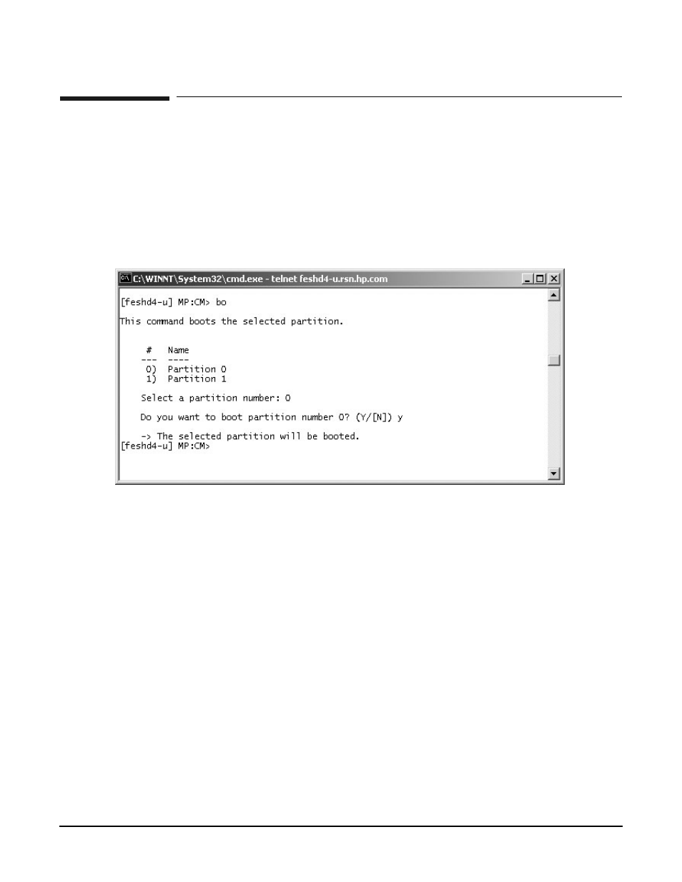 Mp command: bo, Bo - boot partition, Access level—single pd user | Scope—partition, Exampleb1 bo command | HP A9834-9001B User Manual | Page 176 / 247